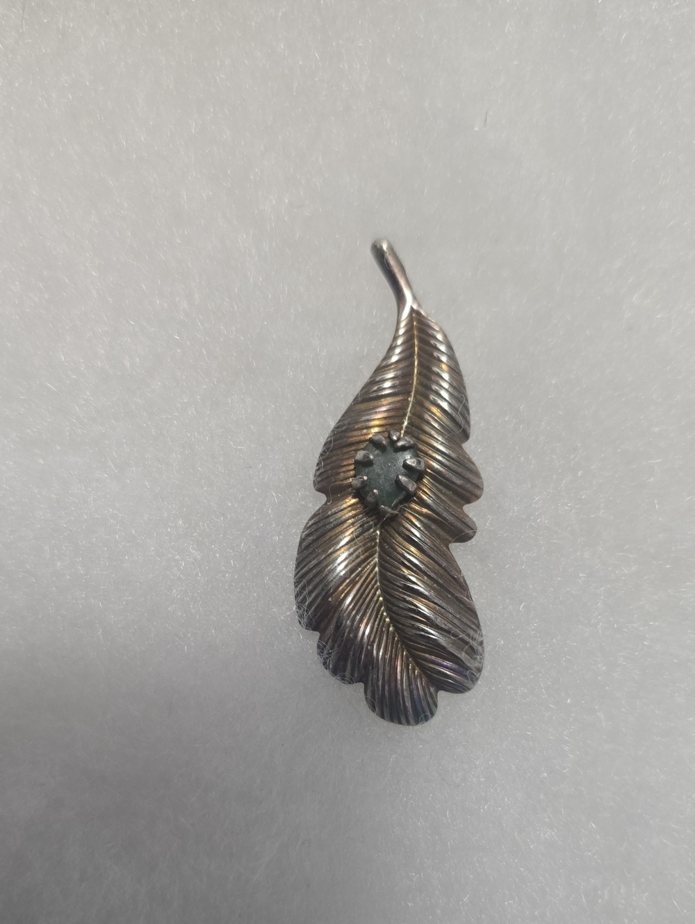Gold Tone Feather Pendant in Patina Finish